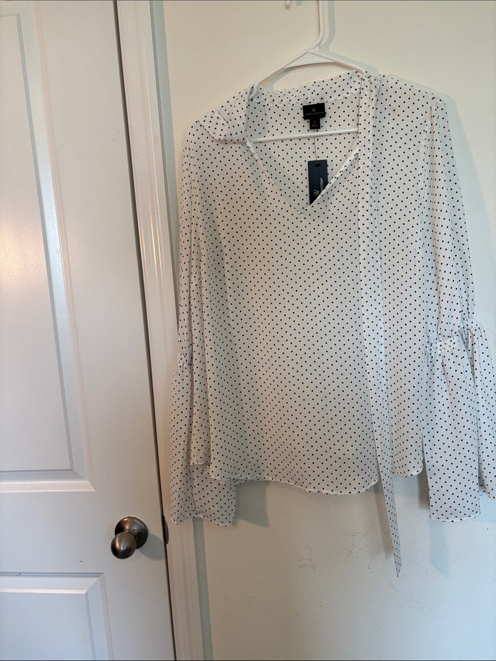 Worthington White Black Polka Dot V-Neck Tie-Sleeve Blouse